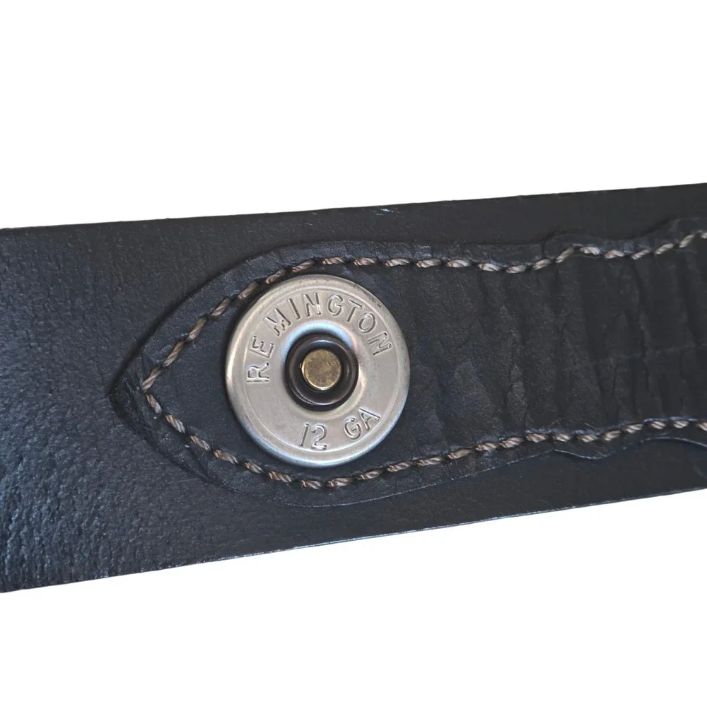 Men's Black Leather Belt Inlaid Remington 12 GA Shotgun Caps Fits 45